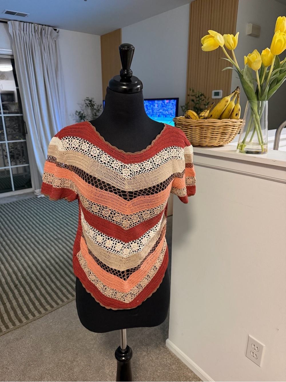 Striped Open-Stitch Knit Top in Rust, Coral & Cream 100% cotton vintage